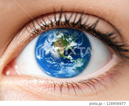 AI generated super macro side angle of a striking blue human eye focusing on the detailed retina where a miniature earth globe floats suspended in the pupil 128956977
