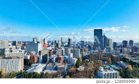 青空の現代都市のドローン空撮 青空の現代都市のドローン空撮 128956990