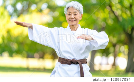 公園で道着を着て体操している高齢女性 公園で道着を着て体操している高齢女性 128957054
