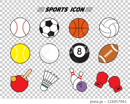 スポーツのボールと道具のアイコン集|背景透過イラスト スポーツのボールと道具のアイコン集|背景透過イラスト 128957061