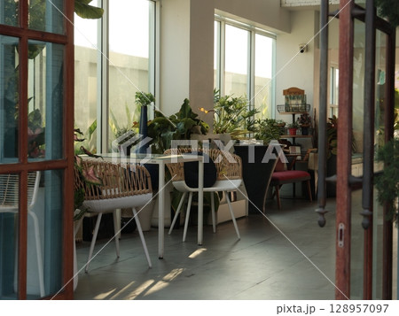 A cozy indoor cafe with abundant greenery and natural light, perfect for relaxation and socializing 128957097