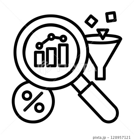 分析のイメージアイコン。虫眼鏡とグラフとパーセントとろうとがあります。 128957121
