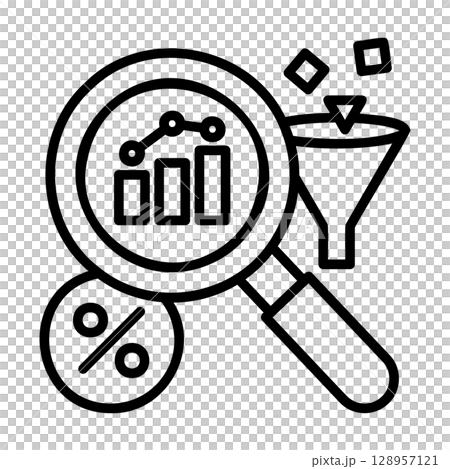 分析のイメージアイコン。虫眼鏡とグラフとパーセントとろうとがあります。 128957121
