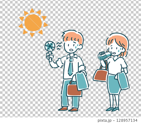 Vector illustration of a man and woman in suits on a hot day Vector illustration of a man and woman in suits on a hot day 128957134