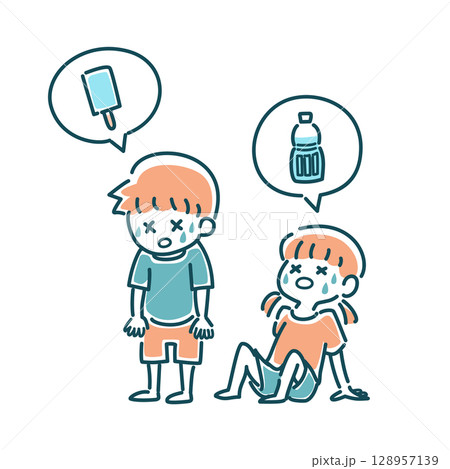 暑い日で冷たいものが欲しい男の子と女の子のイラスト 暑い日で冷たいものが欲しい男の子と女の子のイラスト 128957139