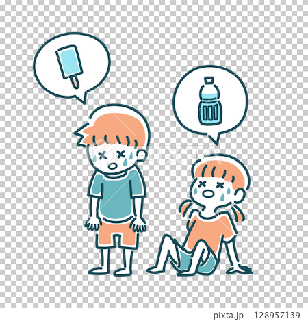 一個男孩和一個女孩在炎熱的天氣裡想要吃點冷的東西的插圖 一個男孩和一個女孩在炎熱的天氣裡想要吃點冷的東西的插圖 128957139