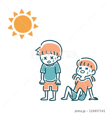 暑い日でぐったりしている男の子と女の子のイラスト 暑い日でぐったりしている男の子と女の子のイラスト 128957141