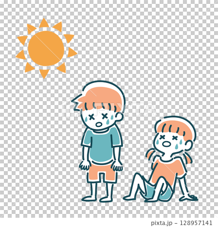 暑い日でぐったりしている男の子と女の子のイラスト 暑い日でぐったりしている男の子と女の子のイラスト 128957141
