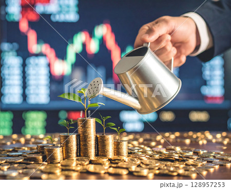 AI generated professional hand in suit using sleek silver watering can to grow money tree with bitcoin, dollar and gold coin leaves planted in coin pile against illuminated stock exchange board 128957253