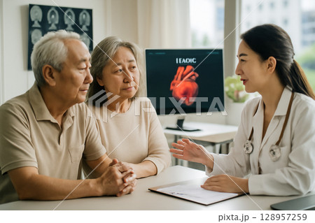 AI generated elderly couple with doctor discussing heart health in modern consultation room with MRI and heart scan. Compassionate atmosphere, senior care, medical advice. 128957259