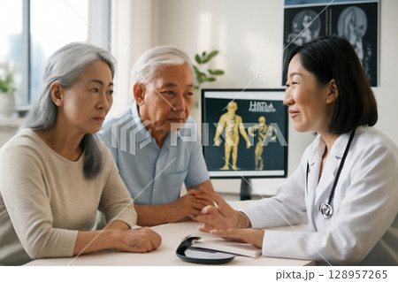 AI generated image of senior Asian couple consulting with female doctor in a bright hospital room showing nerve and MRI visuals symbolizing health care and aging 128957265