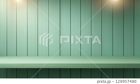 Luxury green wooden countertop spotlight display branding product promotion presentation 128957480