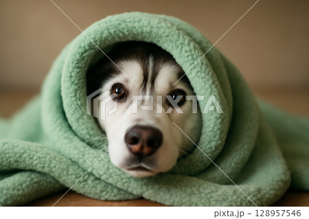 AI generated image of a Siberian Husky peeking out from a soft mint green blanket with its eyes and nose visible. The mood is warm and cozy with soft lighting and playful expression. AI generated image of a Siberian Husky peeking out from a soft mint green blanket with its eyes and nose visible. The mood is warm and cozy with soft lighting and playful expression. 128957546