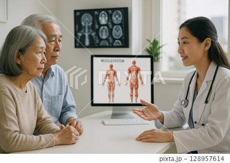 AI generated elderly Asian couple talking to female doctor in bright clean medical office with muscle system and MRI scans on screen showing health care communication 128957614