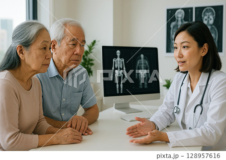 AI generated image of Asian senior couple discussing health with a caring female doctor in a clean hospital room with medical scans and city view 128957616