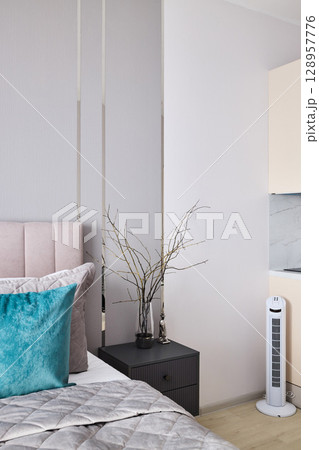 A Beautifully Designed Modern Bedroom Interior Featuring a Stylish and Trendy Decor 128957776