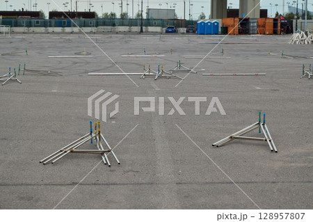 This is an Outdoor Setup featuring Pipe Frames constructed on a solid Asphalt Surface This is an Outdoor Setup featuring Pipe Frames constructed on a solid Asphalt Surface 128957807