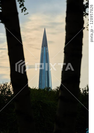 A Stunning View of the Towering Landmark Silhouetted Beautifully Against the Sky at Dusk A Stunning View of the Towering Landmark Silhouetted Beautifully Against the Sky at Dusk 128957826
