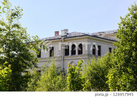 An Abandoned Grand Mansion that is Enveloped by Lush, Vibrant Greenery and Natures Beauty 128957945