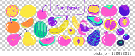 Isolated hand drawn fruit clipart set on a transparent background. Cute minimal colorful doodle Illustration Style, Set 1. Isolated hand drawn fruit clipart set on a transparent background. Cute minimal colorful doodle Illustration Style, Set 1. 128958015