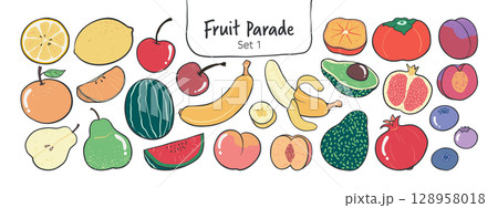 Isolated hand drawn fruit clipart set on a transparent background. Cute black outline on colorful plain doodle Illustration Style, Set 1. 128958018