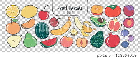 Isolated hand drawn fruit clipart set on a transparent background. Cute black outline on colorful plain doodle Illustration Style, Set 1. 128958018