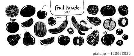 Isolated hand drawn fruit clipart set on a transparent background. Cute black silhouette doodle Illustration Style, Set 1. Isolated hand drawn fruit clipart set on a transparent background. Cute black silhouette doodle Illustration Style, Set 1. 128958020