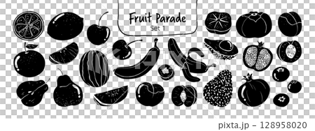 Isolated hand drawn fruit clipart set on a transparent background. Cute black silhouette doodle Illustration Style, Set 1. 128958020