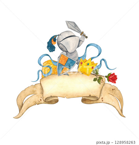 Knight with sword and shield on the background of ribbon from old parchment, next to crown, flag, red rose and blue ribbons. Watercolor illustration, hand-made, cartoon. For scrapbooking, cards, poste 128958263