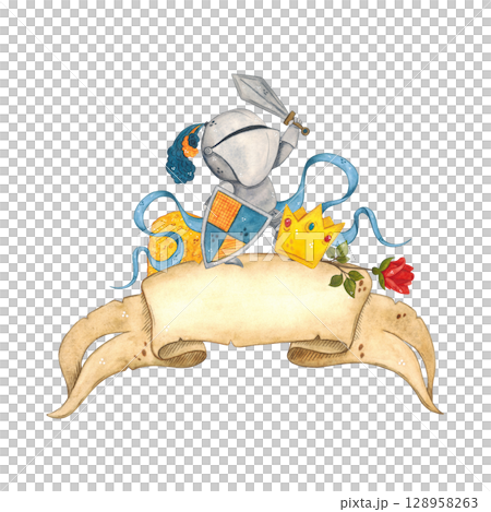Knight with sword and shield on the background of ribbon from old parchment, next to crown, flag, red rose and blue ribbons. Watercolor illustration, hand-made, cartoon. For scrapbooking, cards, poste 128958263