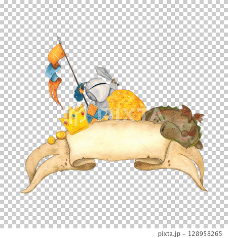 Knight with sword and shield on the background of ribbon from old parchment among gold goes to sleeping dragon. Watercolor illustration, hand made, cartoon. For scrapbooking, cards, posters Knight with sword and shield on the background of ribbon from old parchment among gold goes to sleeping dragon. Watercolor illustration, hand made, cartoon. For scrapbooking, cards, posters 128958265