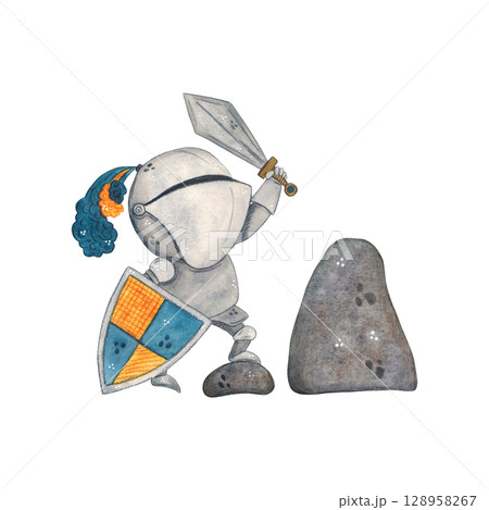 Medieval knight with sword and shield stepped on stone. Watercolor illustration hand drawn, cartoon. History, armor, fairy tale, adventure, middle ages, stone, sword, shiel 128958267
