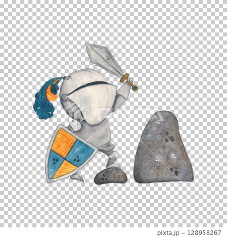 Medieval knight with sword and shield stepped on stone. Watercolor illustration hand drawn, cartoon. History, armor, fairy tale, adventure, middle ages, stone, sword, shiel 128958267