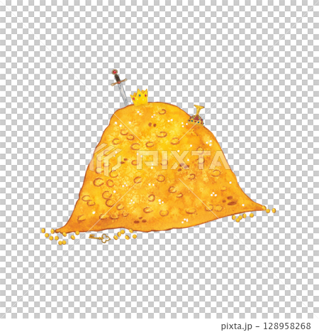 Pile of gold with sword, crown and cup. Watercolor illustration hand drawn in cartoon. Drawing for stickers, print, children's book. Fairy tale, gold, adventure, wealth, trea Pile of gold with sword, crown and cup. Watercolor illustration hand drawn in cartoon. Drawing for stickers, print, children's book. Fairy tale, gold, adventure, wealth, trea 128958268
