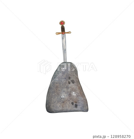 Sword stuck in stone. Watercolor illustration hand drawn, cartoon. drawing for stickers, cards, print, scrapbooking. history, king arthur, fairy tale, adventure, middle age 128958270