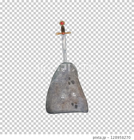 Sword stuck in stone. Watercolor illustration hand drawn, cartoon. drawing for stickers, cards, print, scrapbooking. history, king arthur, fairy tale, adventure, middle age 128958270