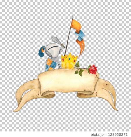Knight with sword and shield on the background of ribbon from old parchment, next to crown, flag and red rose. Watercolor illustration, hand-made, cartoonish. For scrapbooking, cards, posters 128958271