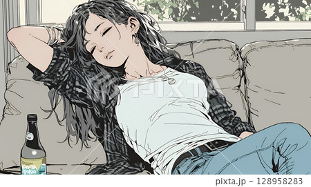 家で一人で酒を飲んで酔いつぶれた女性