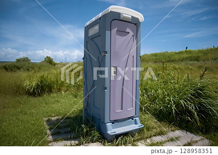 グラウンドにある仮設トイレ 128958351