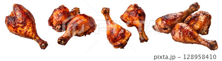 Roasted grilled turkey chicken drumstick thigh on transparent background cutout, PNG file. Mockup template for artwork design. perspective positions many different angle, side frontal 128958410
