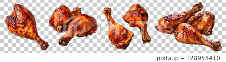 Roasted grilled turkey chicken drumstick thigh on transparent background cutout, PNG file. Mockup template for artwork design. perspective positions many different angle, side frontal 128958410