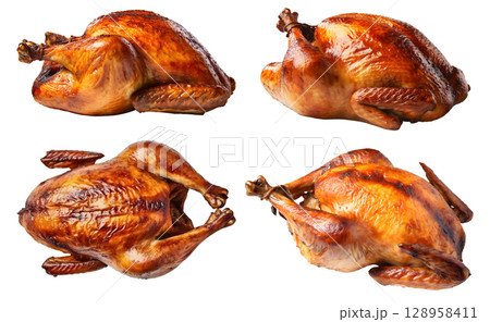 Roasted grilled turkey chicken on transparent background cutout, PNG file. Mockup template for artwork design. perspective positions many different angle, side frontal 128958411