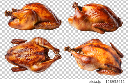 Roasted grilled turkey chicken on transparent background cutout, PNG file. Mockup template for artwork design. perspective positions many different angle, side frontal Roasted grilled turkey chicken on transparent background cutout, PNG file. Mockup template for artwork design. perspective positions many different angle, side frontal 128958411
