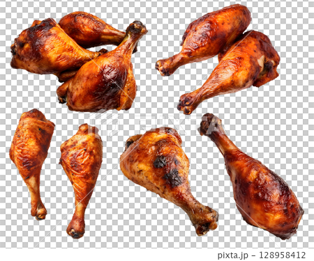 Roasted grilled turkey chicken drumstick thigh on transparent background cutout, PNG file. Mockup template for artwork design. perspective positions many different angle, side frontal top view 128958412