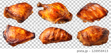 Roasted grilled portion of turkey chicken drumstick thigh breast meat on transparent background cutout, PNG file. Mockup template for artwork design. positions many different angle, side frontal	 128958413