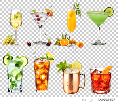 Alcohol Cocktail Mocktail. Many assorted different range types isolated on transparent background cutout. PNG file 128958437