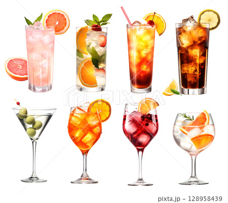 Alcohol Cocktail Mocktail. Many assorted different range types isolated on transparent background cutout. PNG file 128958439