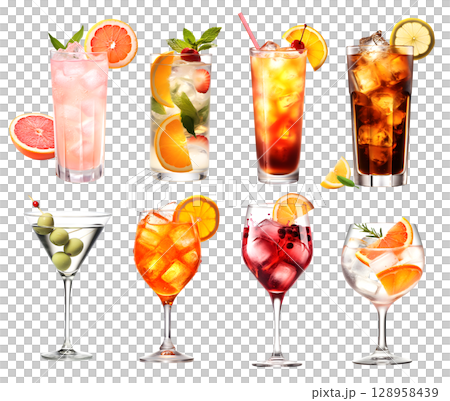 Alcohol Cocktail Mocktail. Many assorted different range types isolated on transparent background cutout. PNG file 128958439