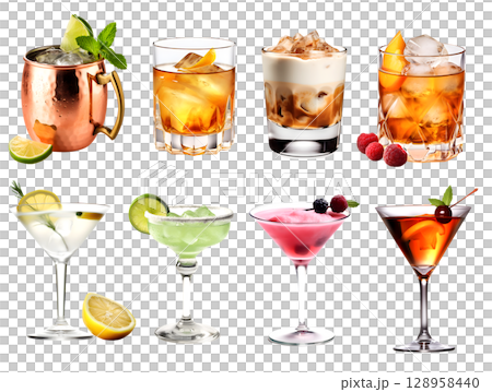Alcohol Cocktail Mocktail. Many assorted different range types isolated on transparent background cutout. PNG file Alcohol Cocktail Mocktail. Many assorted different range types isolated on transparent background cutout. PNG file 128958440