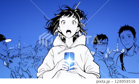 スマホの画面を見て驚いている若い女性（シンプルな色使い）